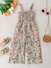 Girls Boho Flower Print Shirred Cami Jumpsuit For Party