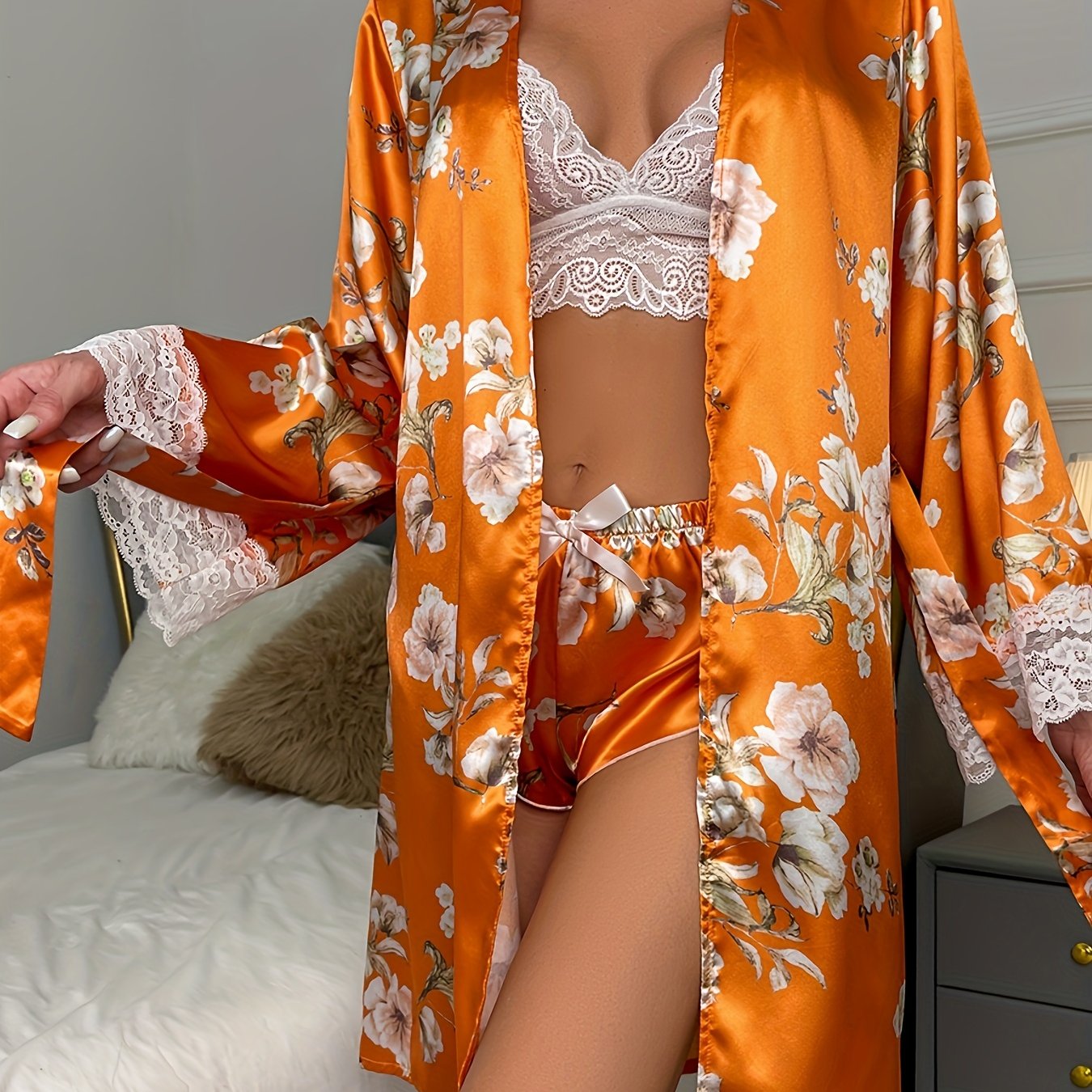Floral Print Pajama Set Long Sleeve Robe & Lace Cami Top