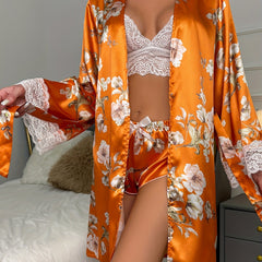 Floral Print Pajama Set Long Sleeve Robe & Lace Cami Top