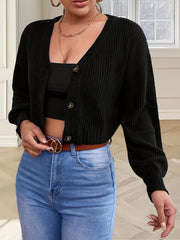 Solid Button Up Crop Cardigan Casual Long Sleeve Sweater