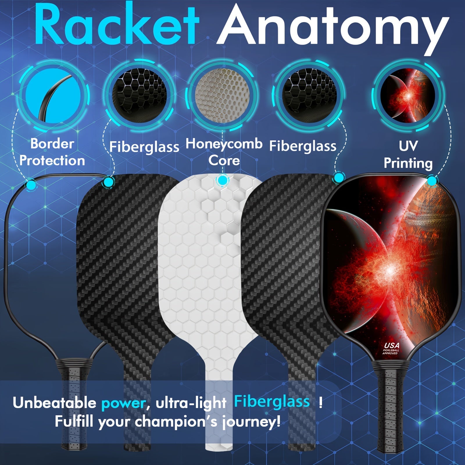 2pcs Pickleball Paddles & Balls Set Carbon Fiberglass USAPA Approved Lightweight
