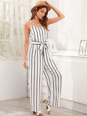 Striped Tie Bow Loose Wide Leg Jumpsuit