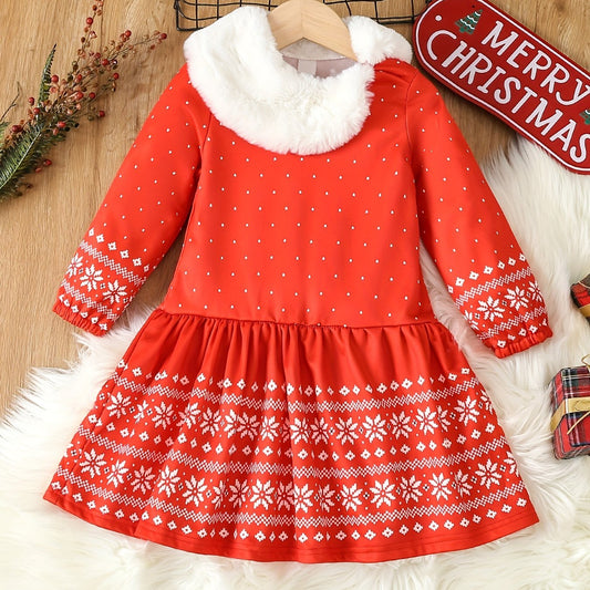 Girls Snow Graphic Christmas Dress with Fur Collar