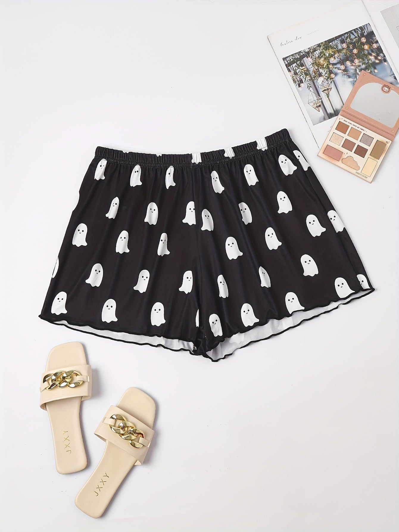 Cartoon Ghost Print Elastic Waist Pajama Shorts