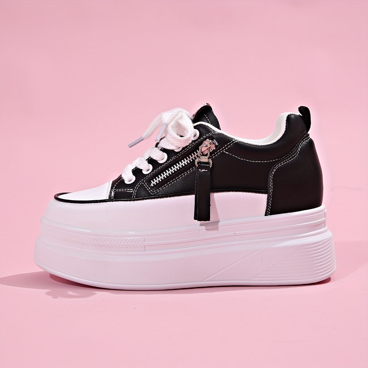 Women's Side Zipper Chunky Sneakers Lace Up Thick Sole Walking Shoes