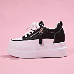 Women's Side Zipper Chunky Sneakers Lace Up Thick Sole Walking Shoes