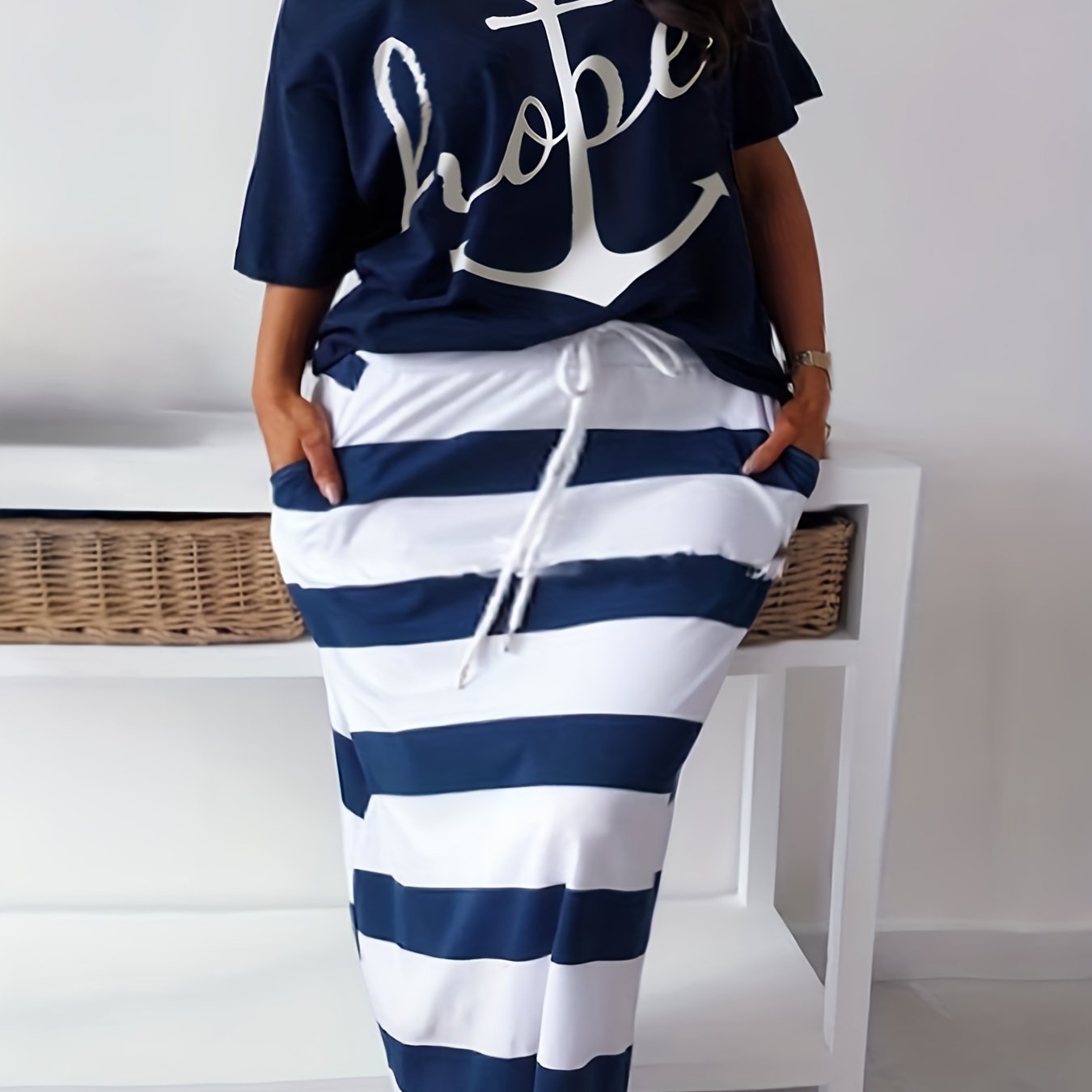 Anchor & Letter Print One Shoulder Top & Stripe Print Skirt Set