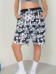 Panda Print Drawstring High Rise Shorts