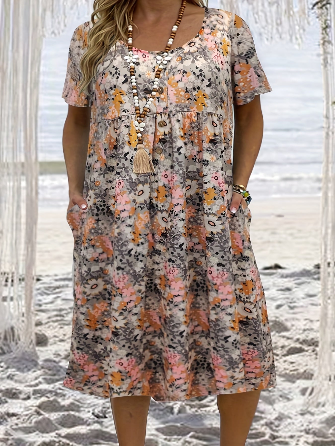 Floral Print Short Sleeve Round Neck Dress
