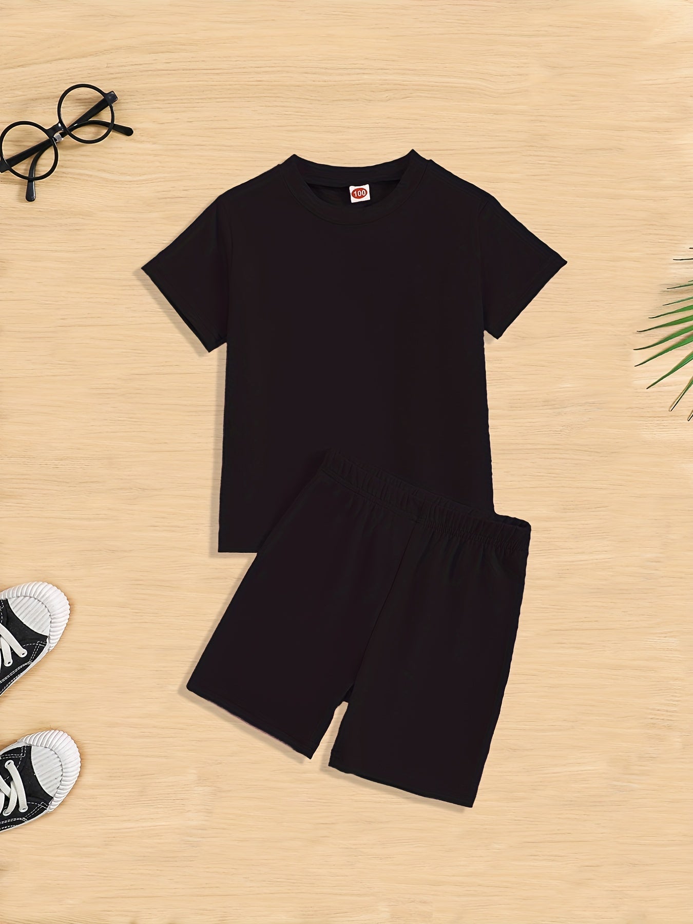 Girls 2pcs T shirt & Elastic Waist Shorts Set Solid Comfy Short Sleeve