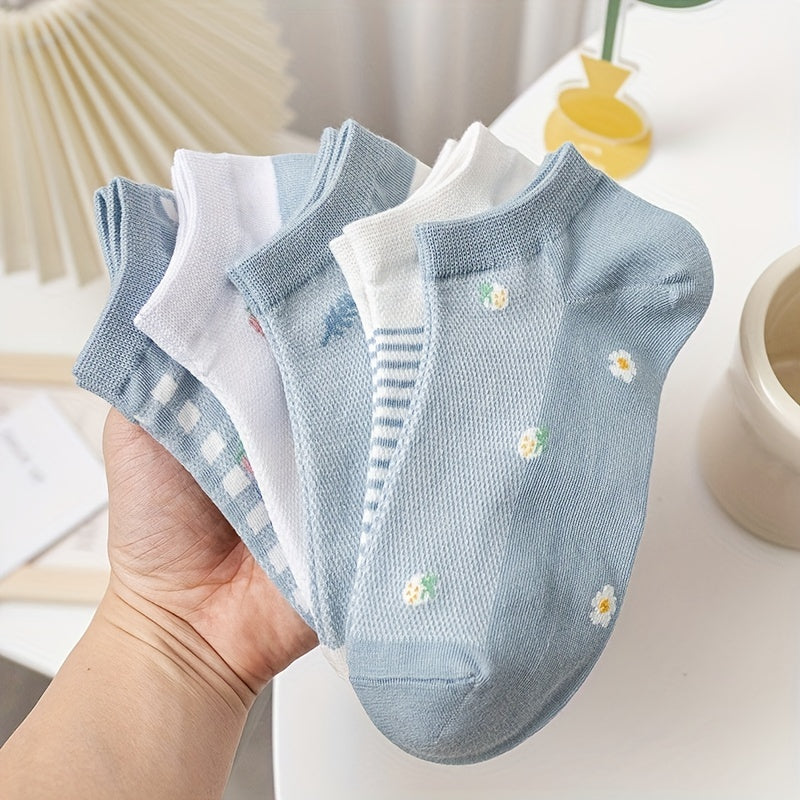 5 Pairs Girls Kids Cartoon Flower Socks Thin Breathable Low Cut Ankle Socks