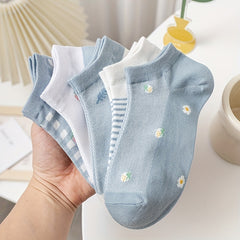 5 Pairs Girls Kids Cartoon Flower Socks Thin Breathable Low Cut Ankle Socks
