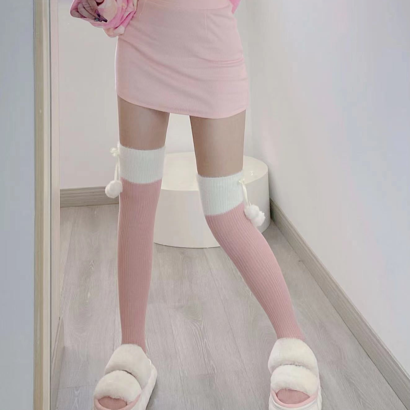 Colorblock Thigh High Pompom Socks Women's Stockings