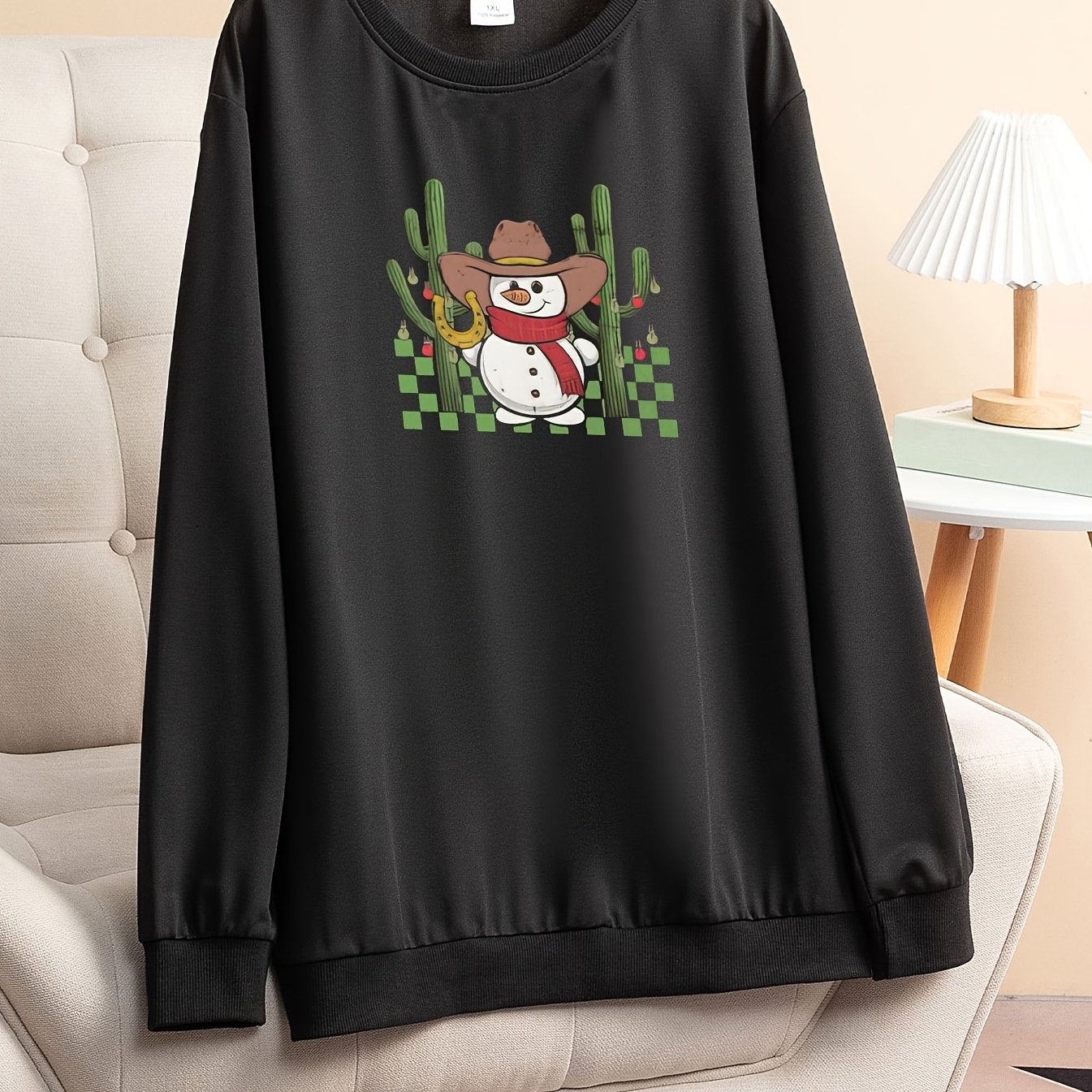Christmas Snowman & Cactus Print Lounge Top Women's Round Neck Sleepwe