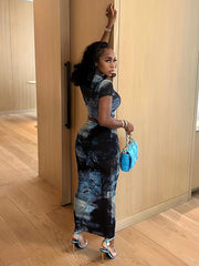 Print Two Piece Skirt Set Mock Neck Crop Top & High Waist Bodycon Skirt