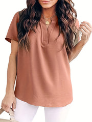 Solid Short Sleeve Notched Neck Tunic Top