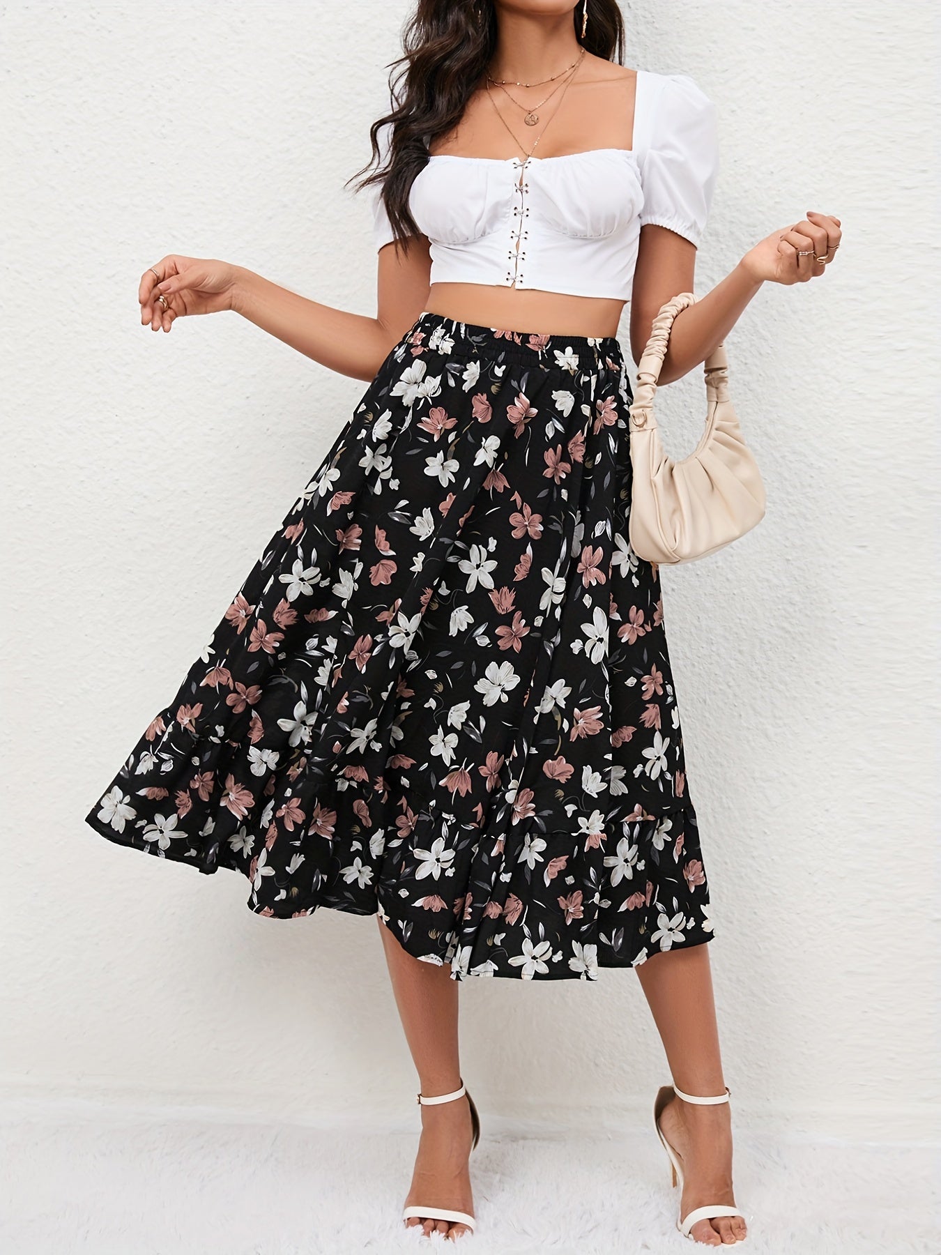 Boho Floral Print Tiered Skirts High Waist