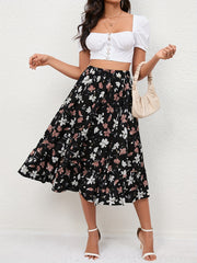 Boho Floral Print Tiered Skirts High Waist