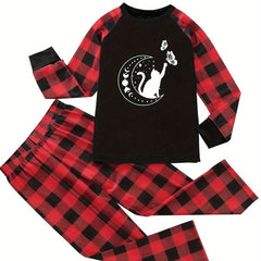 Moon & Cat Print Raglan Sleeve Top & Plaid Pants Lounge Set