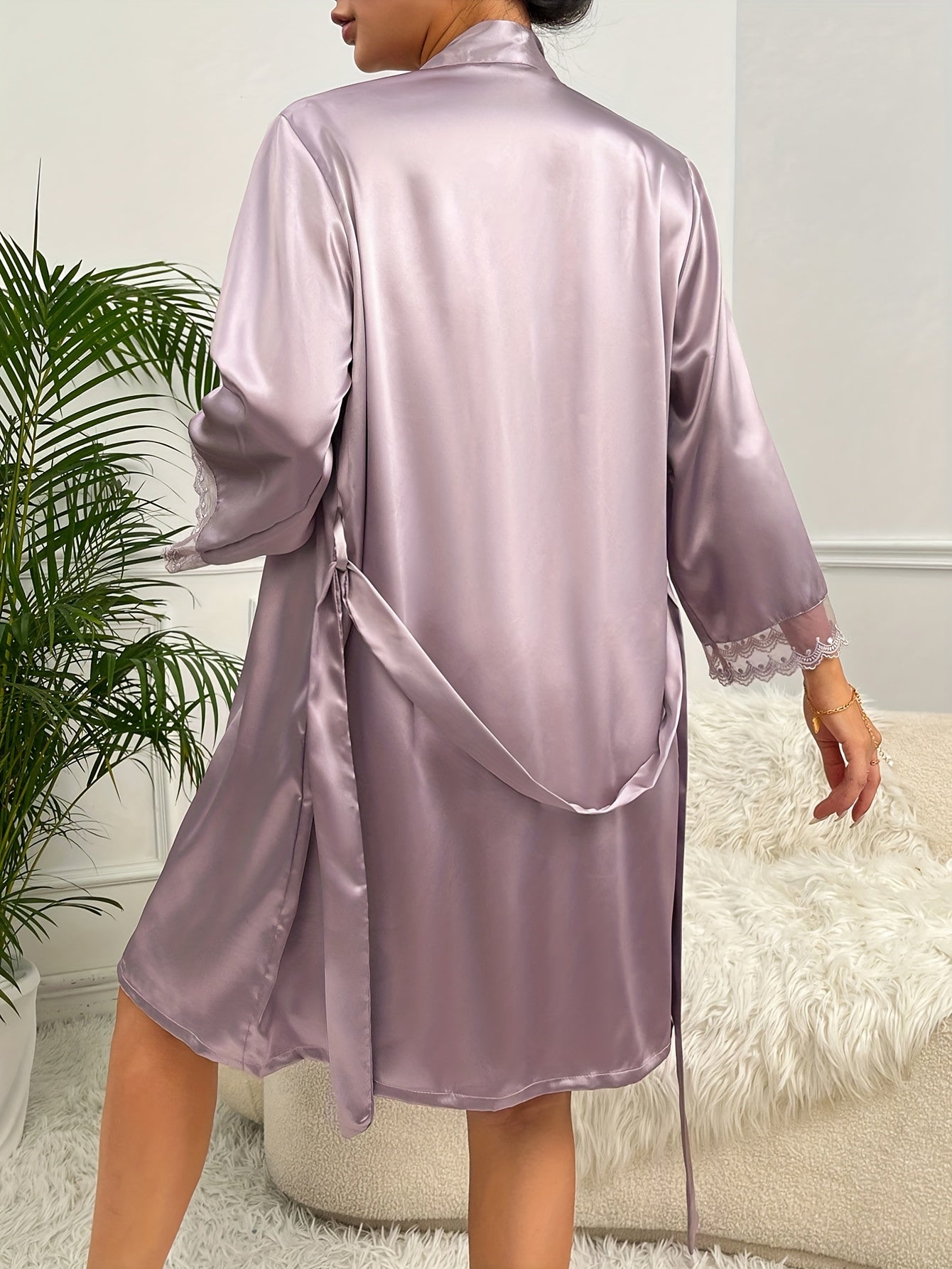 Satin Pajama Set & Robe Nightwear Lace Trim Long Sleeve