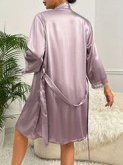 Satin Pajama Set & Robe Nightwear Lace Trim Long Sleeve