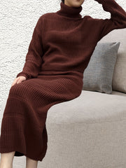 Solid Knit 2pc Skirt Set Turtleneck Sweater & Ankle Length Skirt