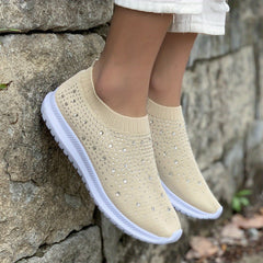 Women's Rhinestone Slip On Sneakers Lightweight Knit Low Top Shoes