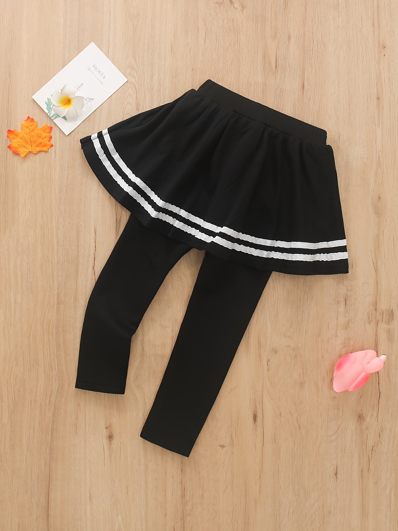 Girls Cartoon Embroidery Fleece Warm Leggings With Stripe Skirt