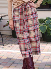 Women's Plus Plaid Print Stretch Slim Fit Midi Skirt With Belt