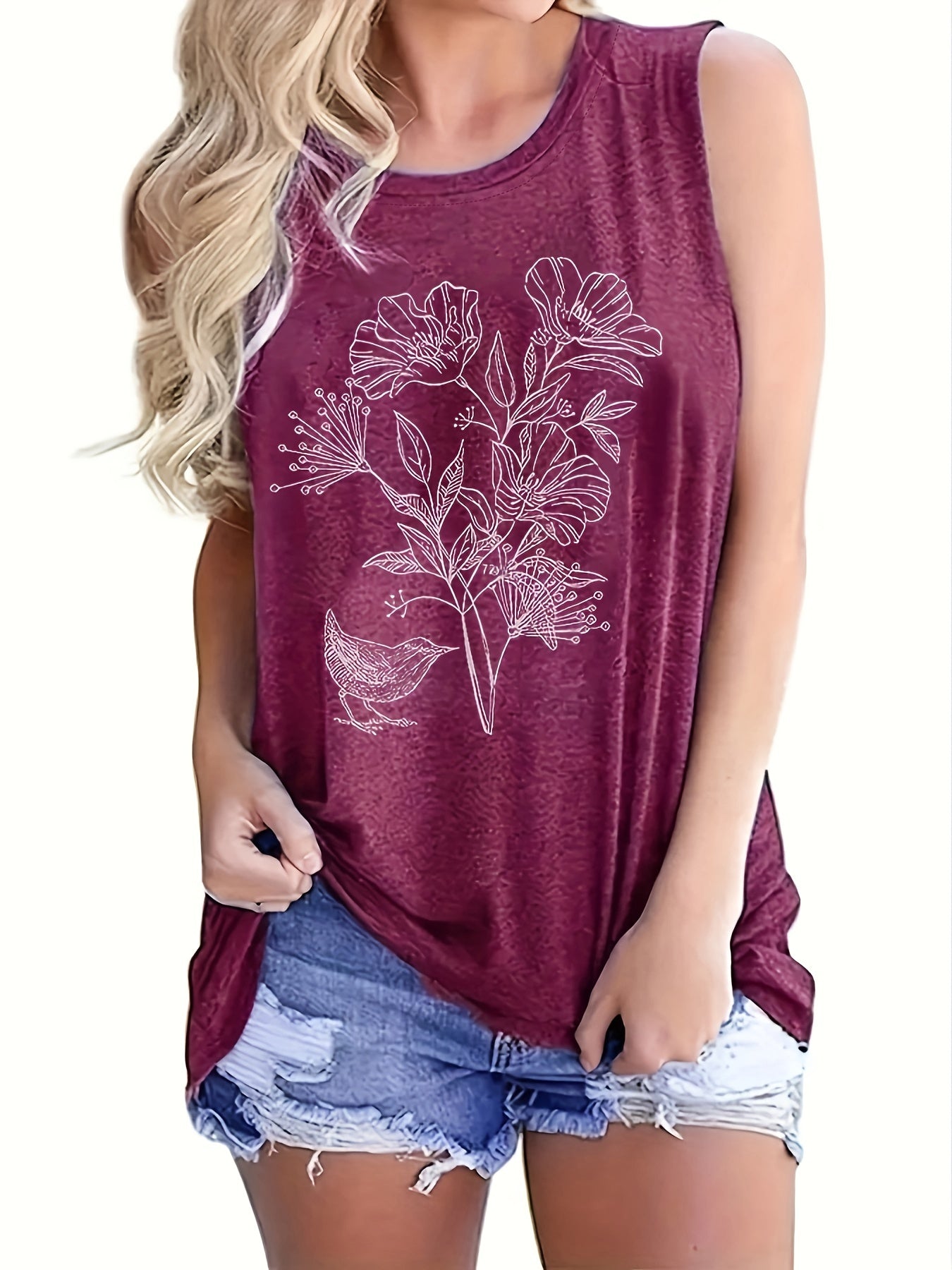 Floral Print Tank Top Sleeveless Crew Neck Casual Top