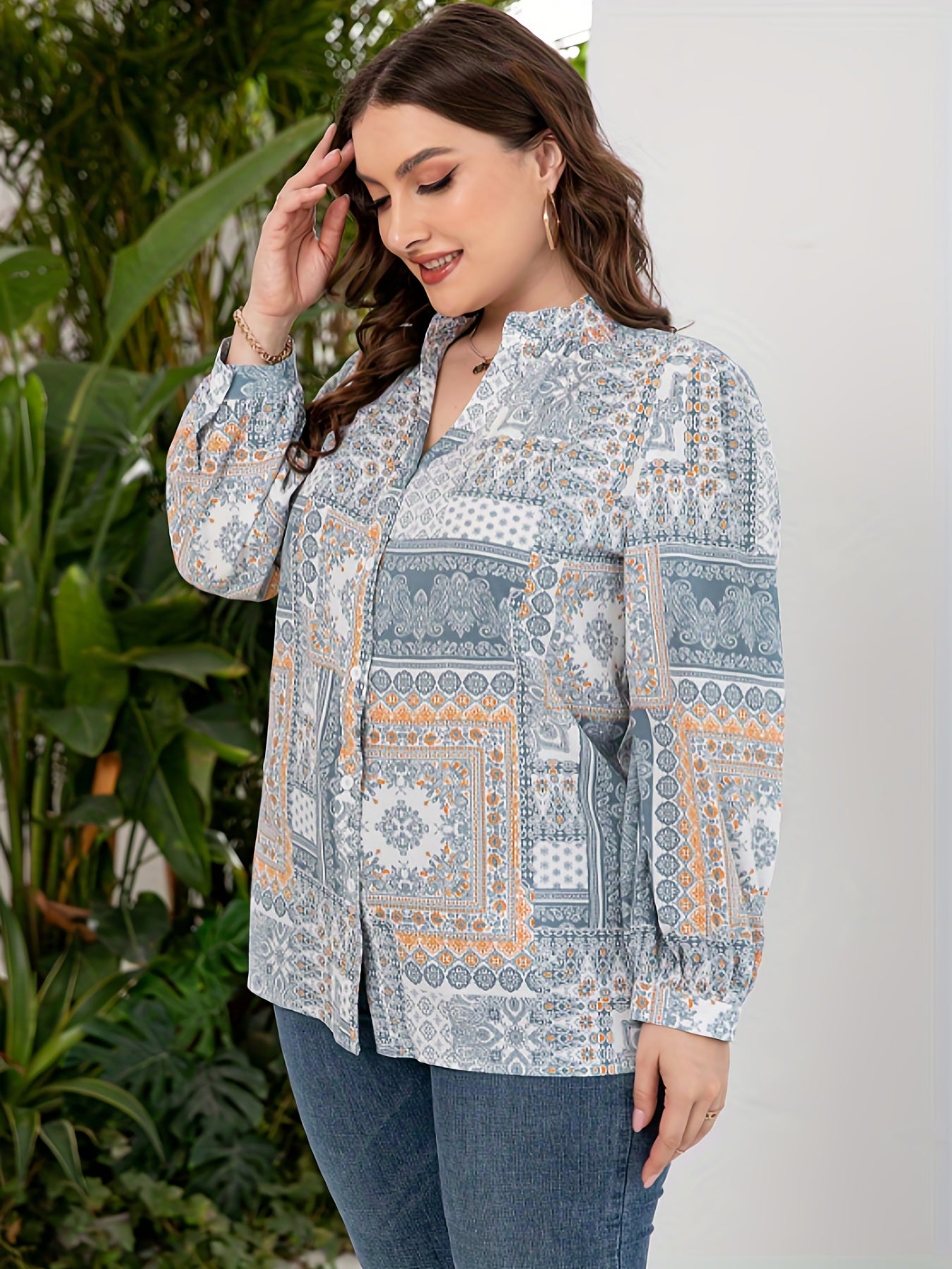 Boho Blouse Women's Plus Scarf & Paisley Print Button Up Top