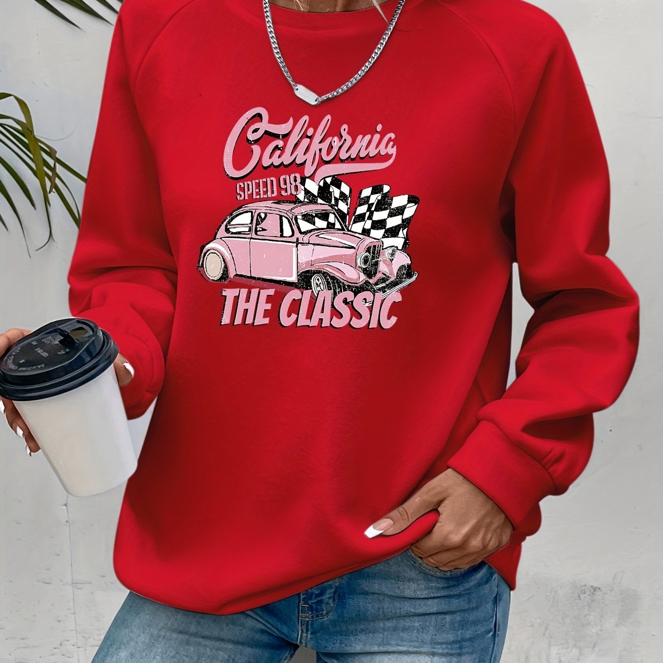 Racing Print Pullover Sweatshirt Long Sleeve Crew Neck