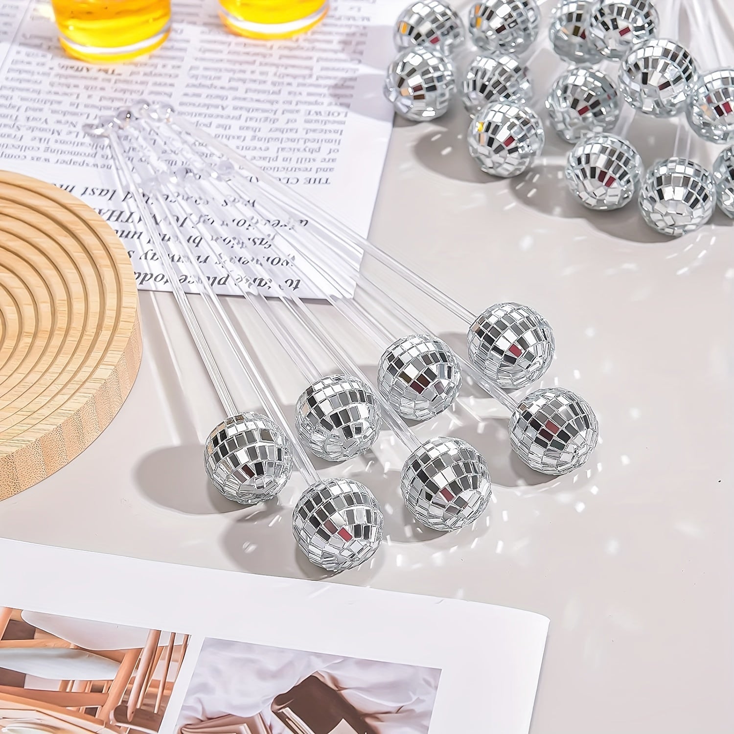 6pcs Glitter Disco Ball Cocktail Swizzle Sticks - Adds Sparkle to Drinks