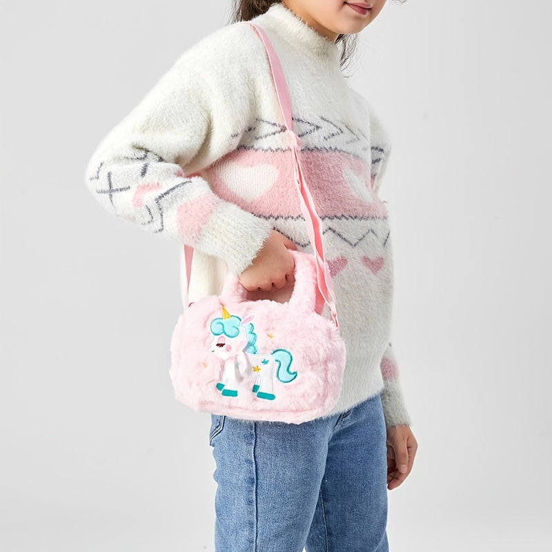 Girls Unicorn Embroidery Plush Handbag Shoulder Bag Messenger Bag
