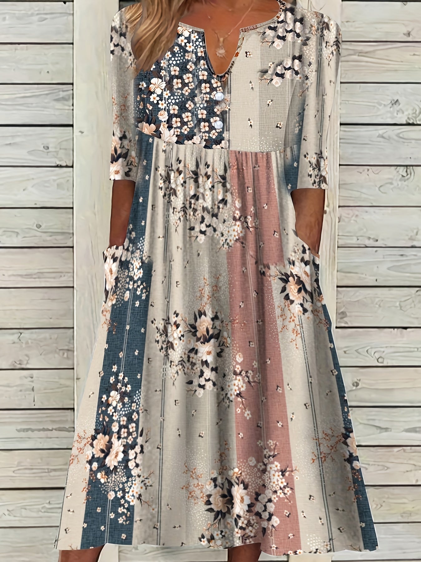Floral Print Short Sleeve Notched Neck Dress
