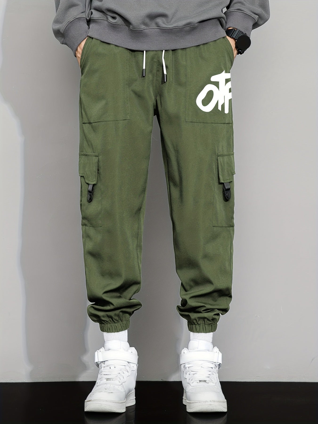 Casual Letter Print Cargo Pants with Drawstring