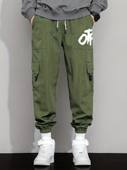 Casual Letter Print Cargo Pants with Drawstring