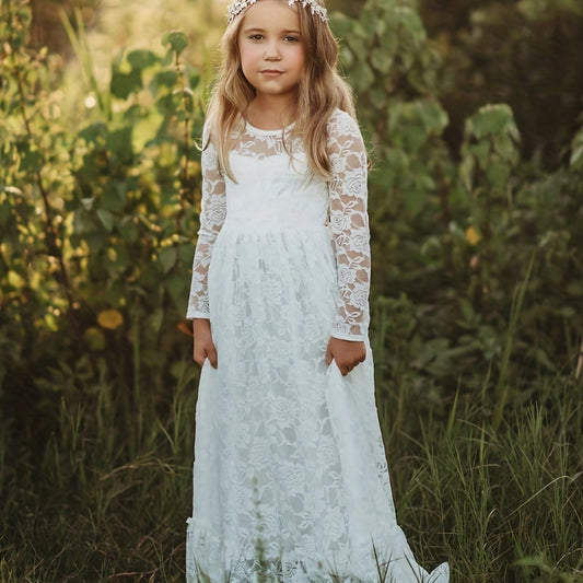 Kid Girls Long Sleeve Lace Belt Dress For 2-14 Years