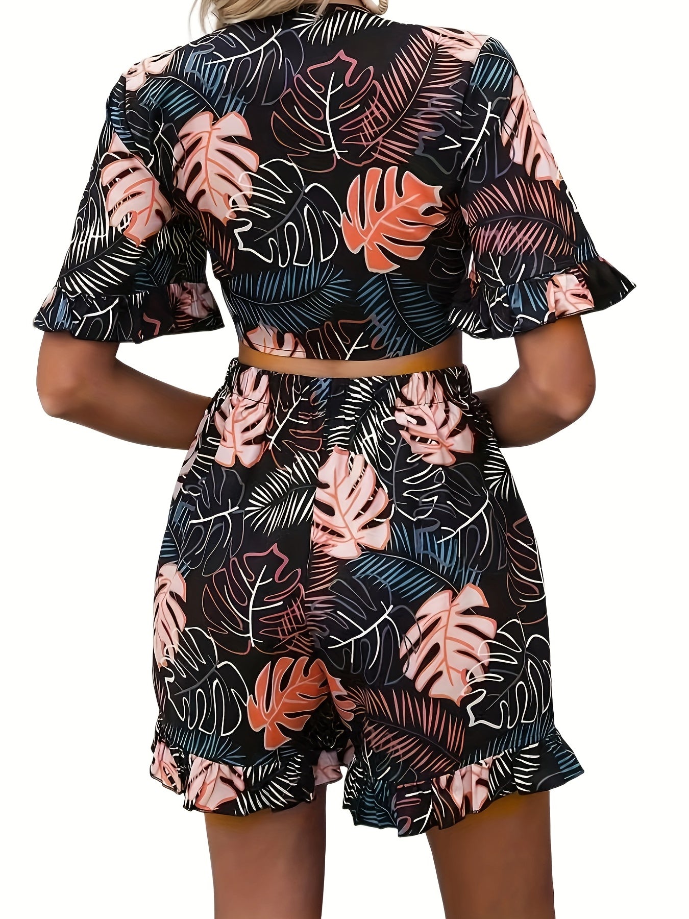 Tropical Print Two-piece Set Tie Front Crop Top & High Waist Shorts Outfit