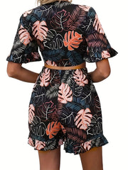 Tropical Print Two-piece Set Tie Front Crop Top & High Waist Shorts Outfit