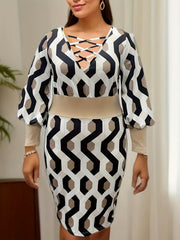 Geometric Print Lantern Sleeve V Neck Bodycon Dress