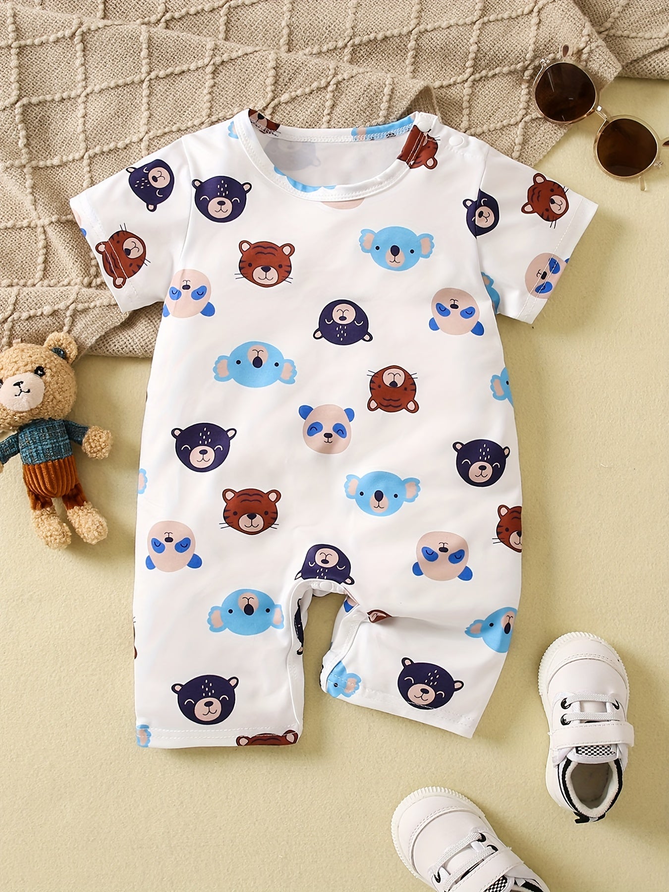 Baby Boys Casual Cartoon Bear Graphic Short Sleeve Jumpsuit