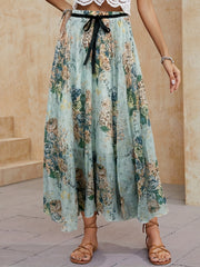 Floral Print Pleated Maxi Skirt High Waist