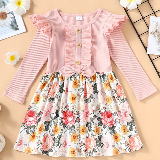 Toddler Kids Floral Print Bowknot Dress Long Sleeves Fall Dress For Girls