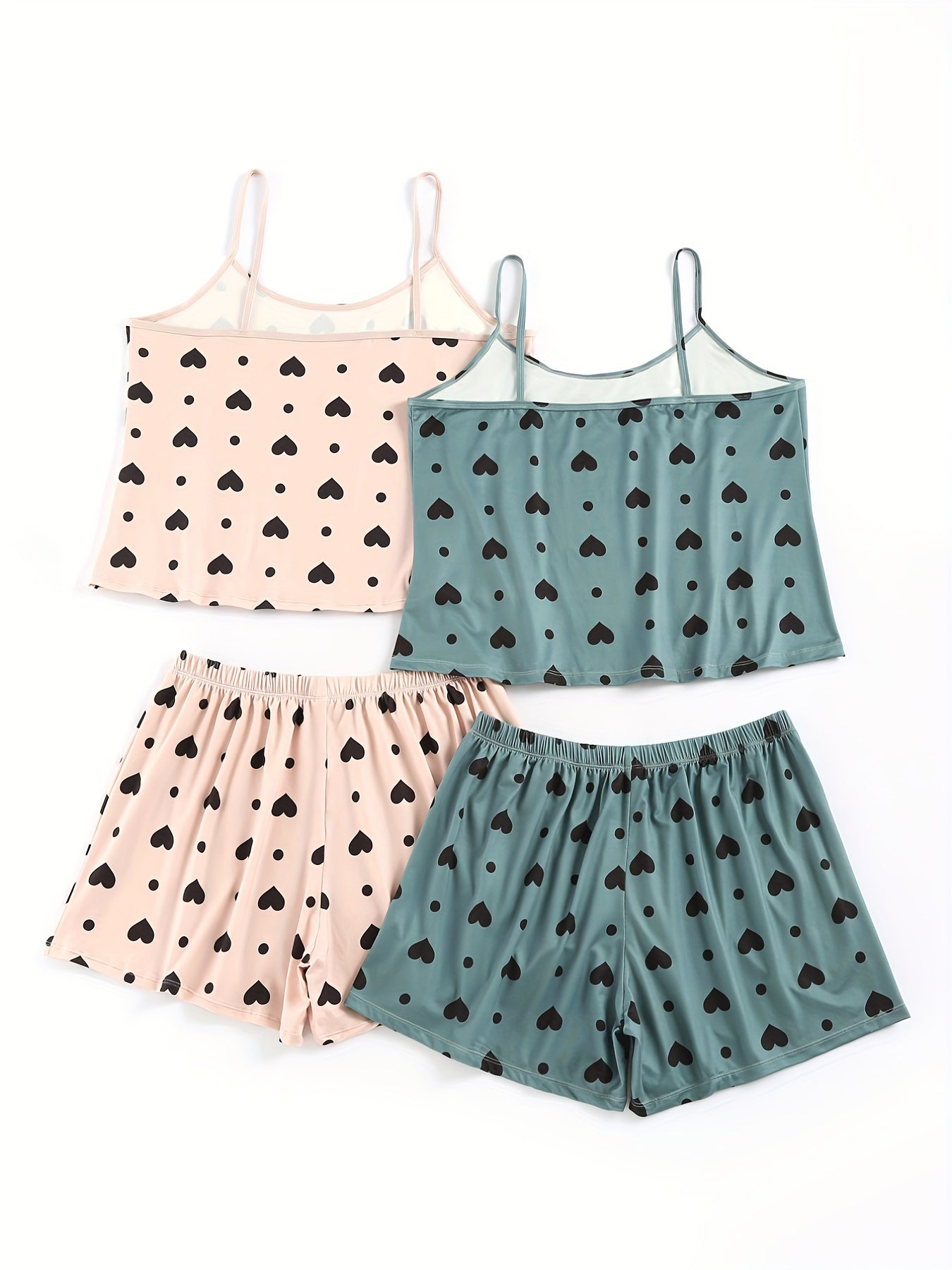 4 Pack Plus Size Women's Heart Print Pajama Set - Cami Top & Shorts