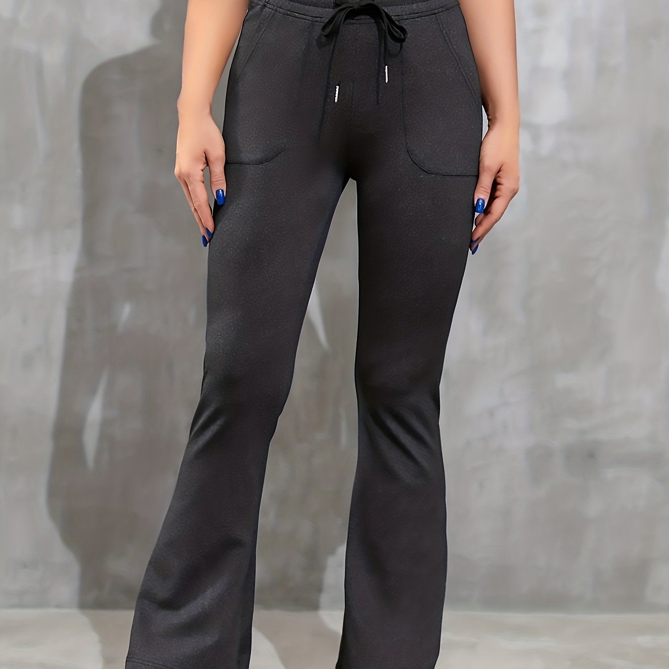 Dark Gray Yoga Pants Women Mid Waist Drawstring Pockets Fared Leg