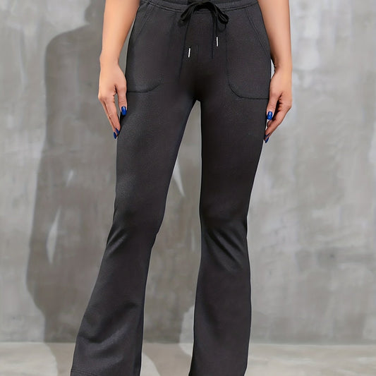 Dark Gray Yoga Pants Women Mid Waist Drawstring Pockets Fared Leg