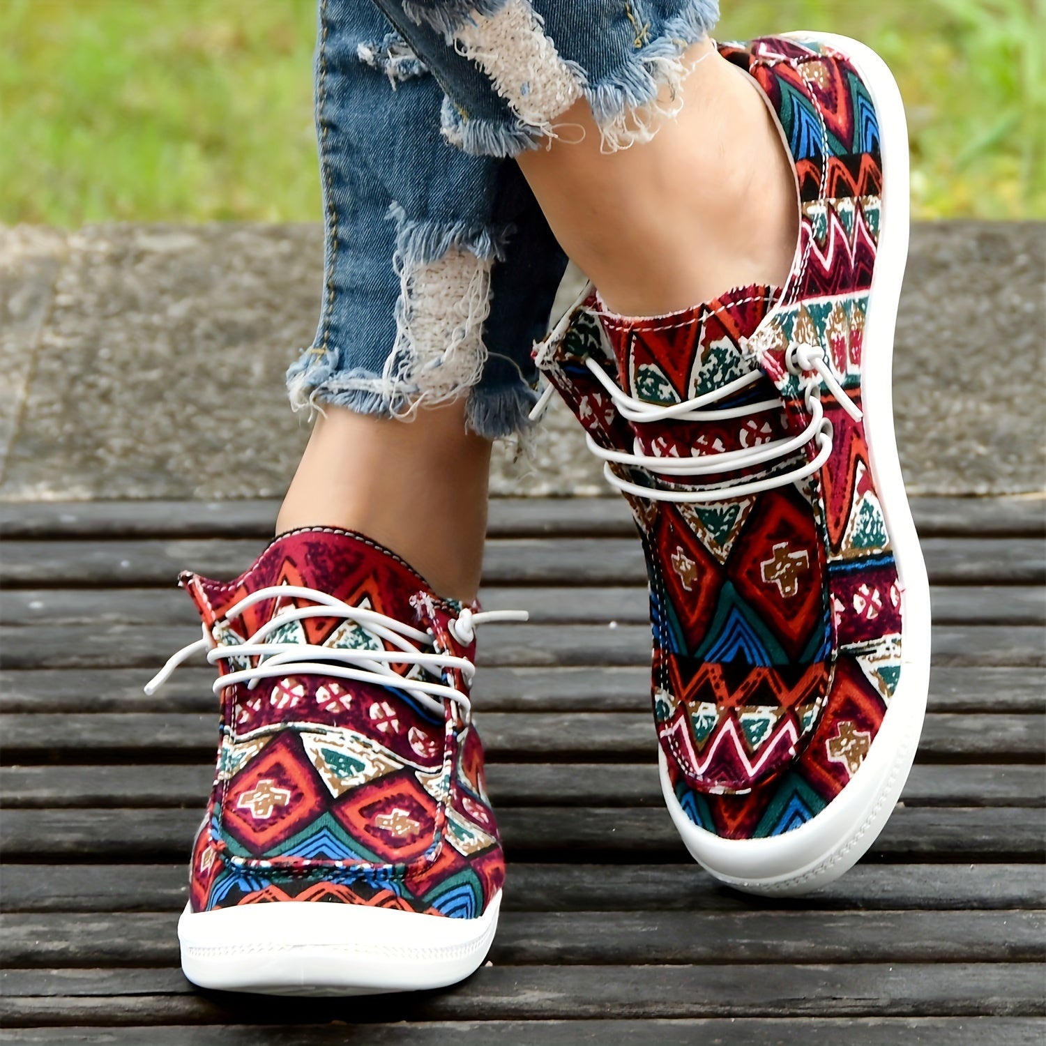 Women's Ethnic Red Boat Shoes Lightweight Flat Walking Shoes