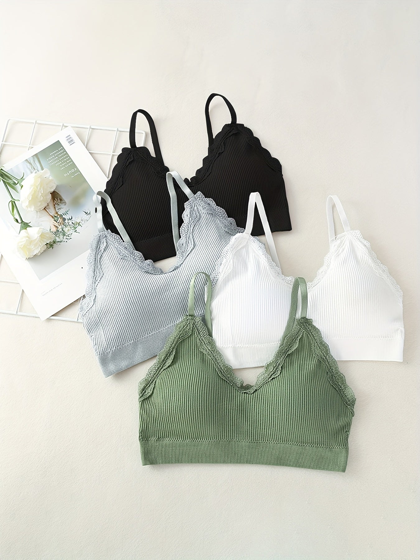 4pcs Girl's Lace Decor Ribbed Underwear Bralette For Teens 12-18 Years