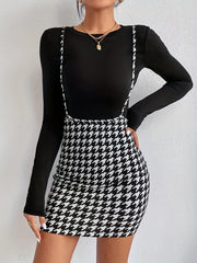 Preppy Houndstooth Print Suspender Skirt High Waist Bag Hip